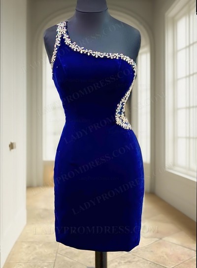 2025 Royal Blue Sheath One Shoulder Short Velvet Bending Homecoming / Graduation Party Dresses