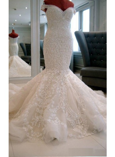 Mermaid Satin Off Shoulder Chapel Train Wedding Dresses / Gowns With Beading