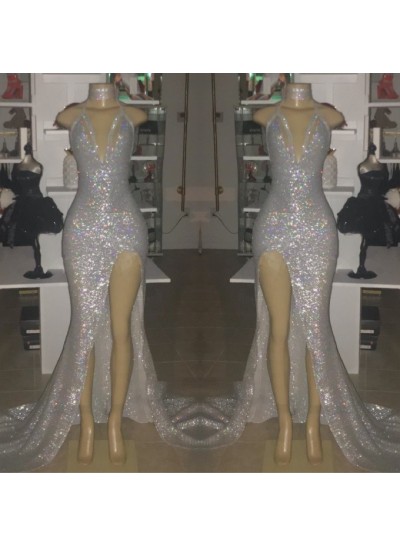 2025 Sexy Silver Halter V-neck Side Split Sequins Prom Dresses