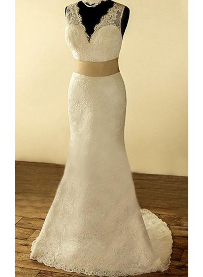 2025 Classic Sheath V Neck Champagne Sash Lace Backless Wedding Dresses / Bridal Gowns