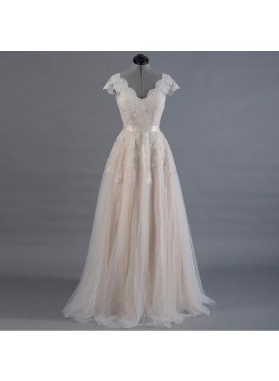 2025 New Arrival A Line/Princess Capped Sleeves Champagne Tulle Belt Wedding Dresses / Bridal Gowns