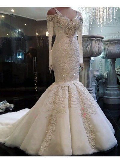 2025 Luxury Mermaid Long Sleeves Sweetheart Beaded Tulle Hollow Out Wedding Dresses