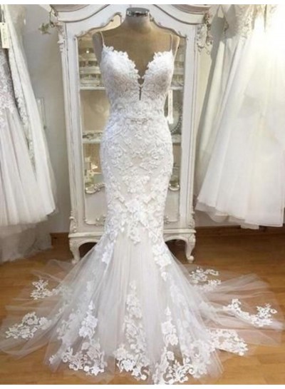 2025 Sexy Mermaid Sweetheart Lace Spaghetti Straps Wedding Dresses