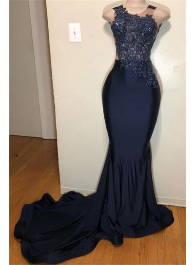 New Arrival Dark Navy Long Stretchy Prom Dresses 2025 With Appliques