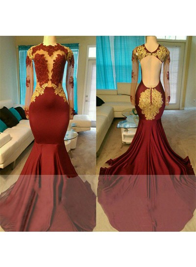 2025 New Arrival Mermaid Burgundy Long Sleeves Backless Gold Appliques Prom Dresses