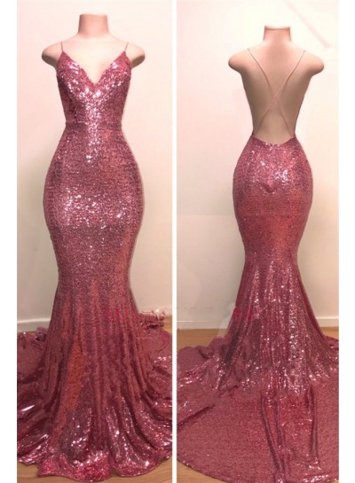 2025 Mermaid Pink Sequence Halter Backless V Neck Prom Dresses