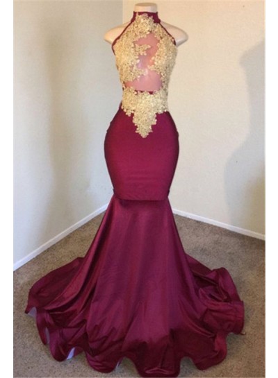 Charming Satin Mermaid Burgundy With Gold Appliques High Neck Prom Dresses 2025
