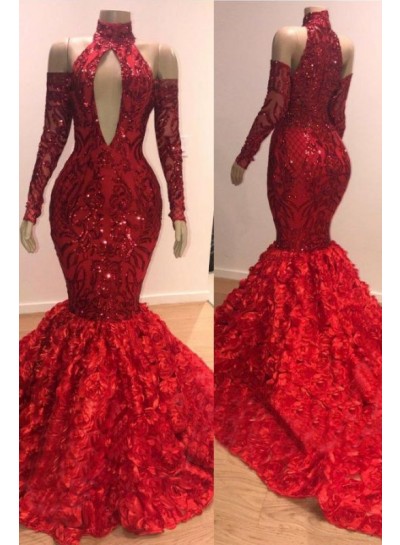 Charming Mermaid High Neck Red Long Sleeves Hollow Out Open Front Lace Prom Dresses 2025