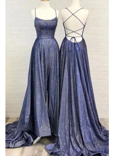 A Line Lace Up Purple Scoop Spaghetti Straps Sequence Prom Dresses 2025