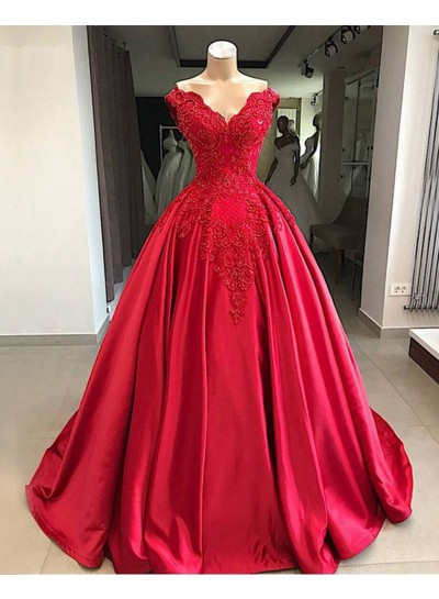 2025 Red Sweetheart Satin With Appliques Off Shoulder Ball Gown Prom Dress