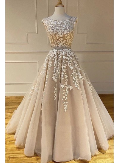 2025 A Line Champagne With White Appliques Long Scoop Prom Dress
