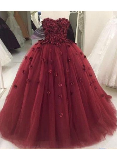 Strapless Tulle With Appliques Lace Up Back Burgundy Ball Gown Prom Dress 2025