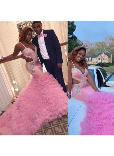 2025 Spaghetti Straps Pink Mermaid Tulle Beaded Hollow Out Long Prom Dresses