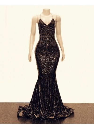 2025 Sheath Black Halter Criss Cross Sequence Long Prom Dresses