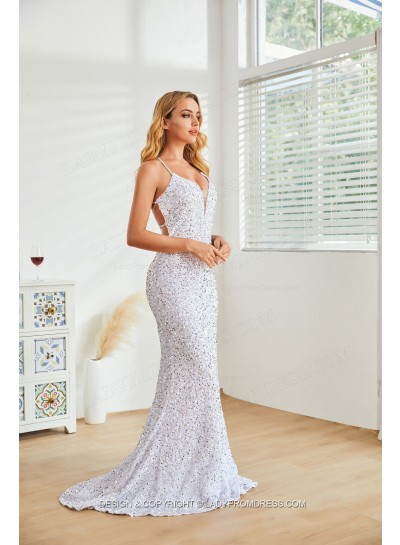 Sheath White Sweetheart Halter Open Back Long 2025 Prom Dresses
