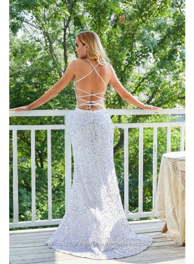 Sweetheart White Sequence Long Prom Dresses Backless 2025