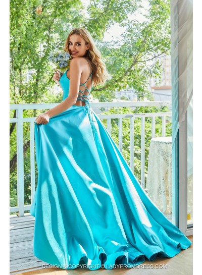 Satin Blue A Line Sweetheart Spaghetti Straps Long Prom Dresses 2025