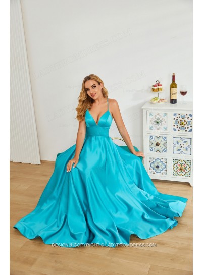 2025 Blue Sweetheart Cross Criss Satin Long Prom Dresses