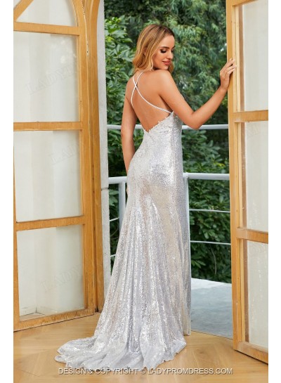 2025 Silver V Neck Sequence Halter Backless Long Prom Dresses