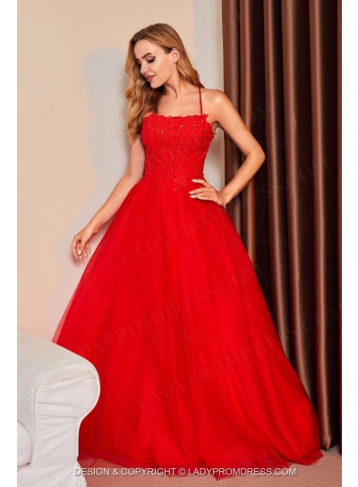 2025 A Line Halter Tulle Beaded Criss Cross Long Red Prom Dresses