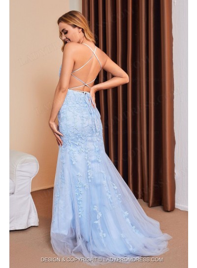 2025 Sheath Light Sky Blue Halter Tulle With Appliques Long Prom Dresses