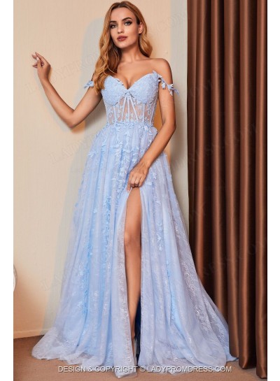 2025 A Line Light Sky Blue Off Shoulder Side Slit Tulle With Appliques Long Prom Dresses