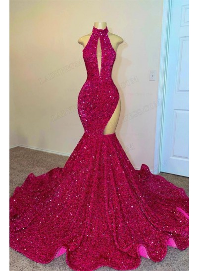 2025 Sheath Halter Sequins Sleeveless Sweep Train Prom Dresses
