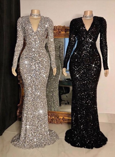 Long Sleeves Sequence Mermaid Prom Dresses
