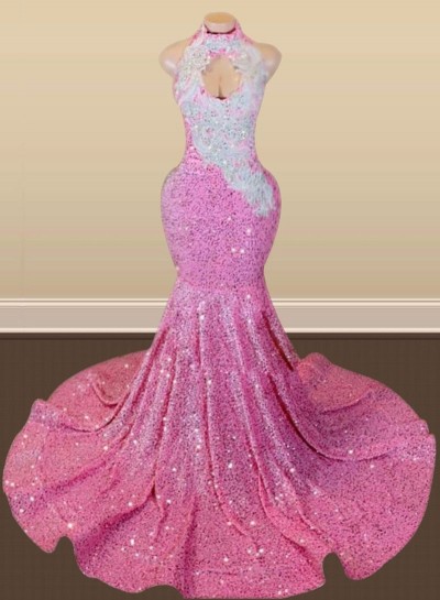 Pink Halter Sequins Long Mermaid Prom Dresses 2025