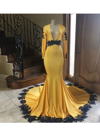 2025 Deep V-neck Long Sleeve Mermaid Prom Dresses