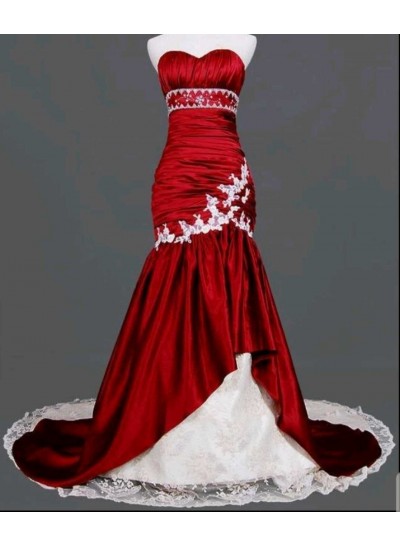 2025 Red Mermaid Sleeveless Chapel Train Wedding Dresses