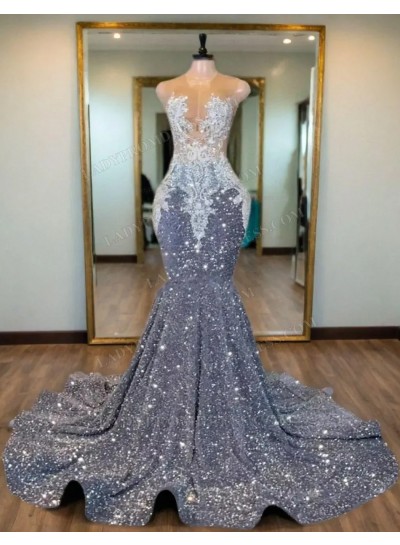Silver Sequins Beaded Mermaid Prom Dresses 2025