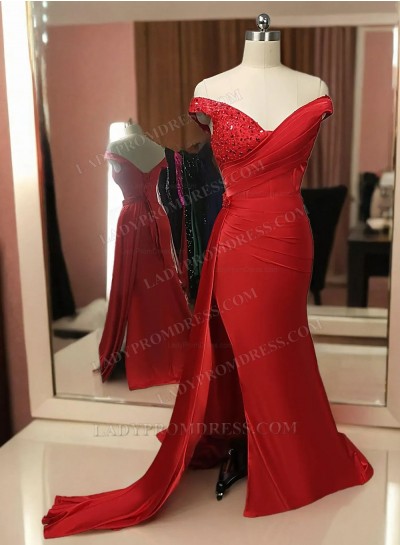 2025 Sheath Silk Like Satin Off the Shoulder Sleeveless Sweep Train Prom Dresses
