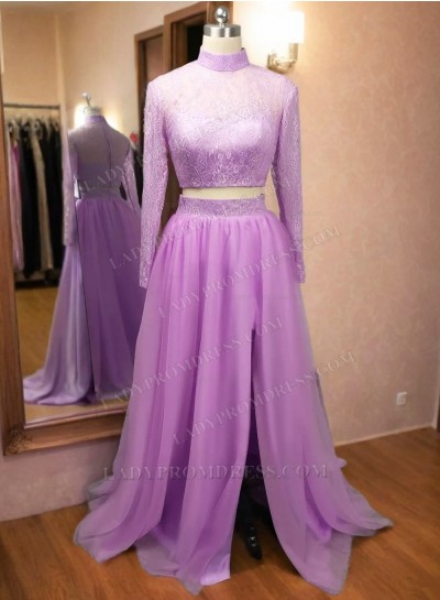 Lilac Long Sleeves Side Slit Two Pieces Beaded Lace Prom Dresses 2025