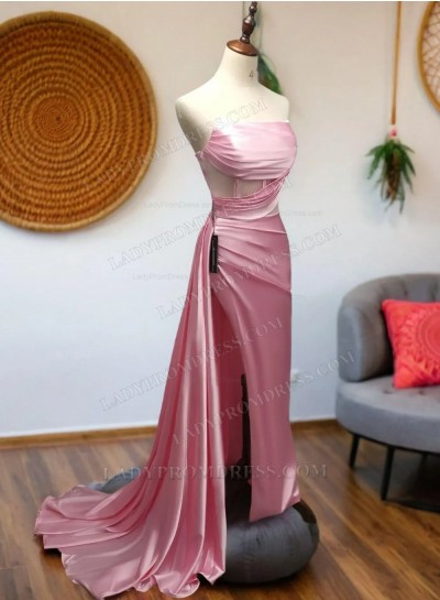 2025 Pink Sheath Strapless Side Slit Silk Like Satin Long Prom Dresses