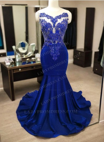 Mermaid Royal Blue Long Illusion Neck Sequence Long 2025 Prom Dresses