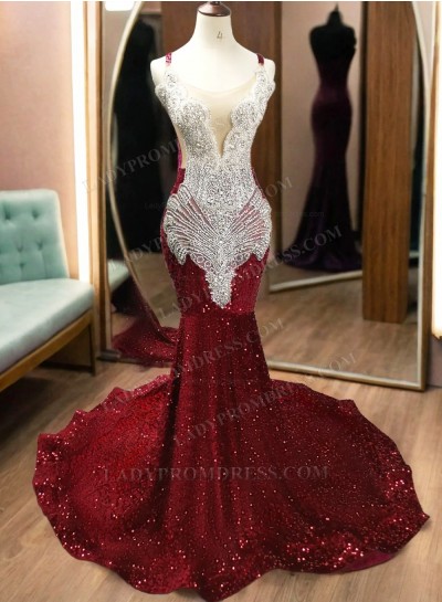 2025 Burgundy Spaghetti Straps Sequined Mermaid Prom Dresses With Beaded