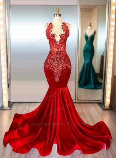 2025 Red Sparkly Beaded Mermaid Black GirlVelvet Prom Dresses