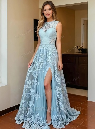 2025 Blue A-line Lace Side Slit Prom Dresses