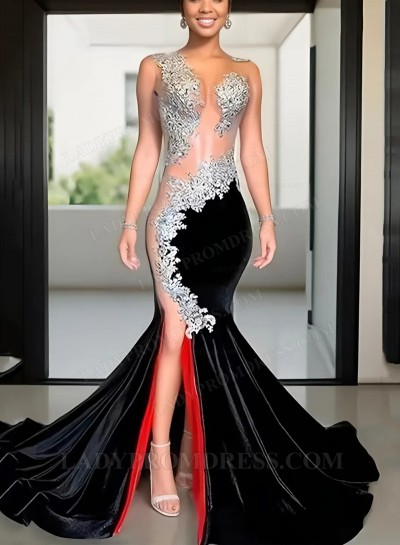 Black Sheath Beaded Side Slit Velvet Long Prom Dresses With Mesh