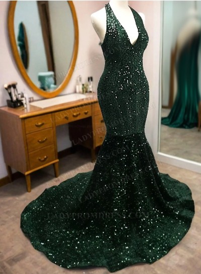 2025 Dark Green Halter Mermaid Sequence Prom Dresses