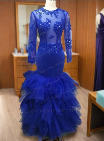 2025 Royal Blue Long Sleeve Mermaid Prom Dresses