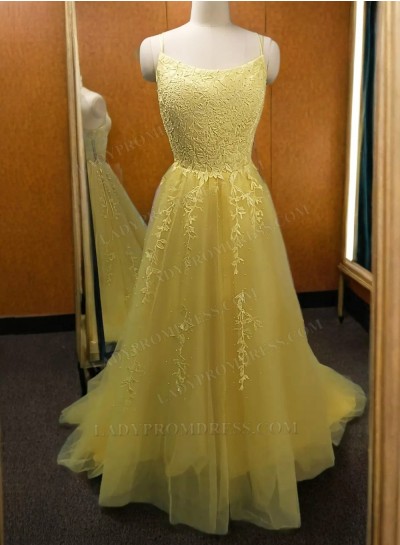 A Line Light Yellow Tulle Lace Up Back Halter Long 2025 Prom Dresses