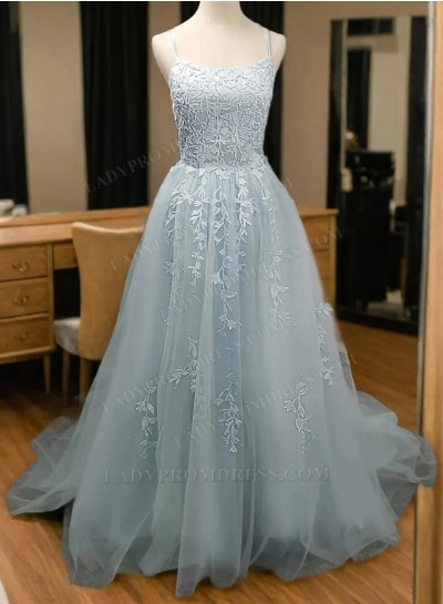 A Line Light Sky Blue With Lace Patterns Halter Lace Up Long Prom Dresses 2025