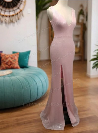 Pink 2025 V-neck Side Slit Sequence Prom Dresses