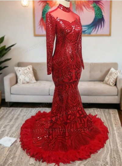 2025 Red Mermaid Feathers Long Sleeves Lace Long Prom Dresses
