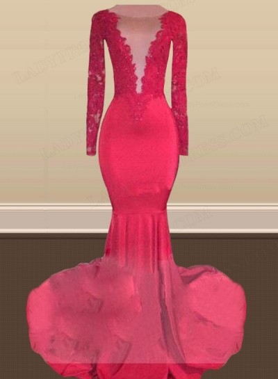 2025 Red Mermaid Long Sleeves Lace Open Front Long Prom Dress