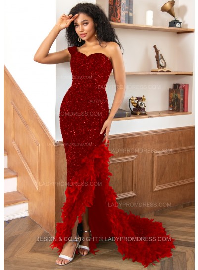 Burgundy One Shoulder Sweetheart Sequence High Low Prom Dresses With Feathers