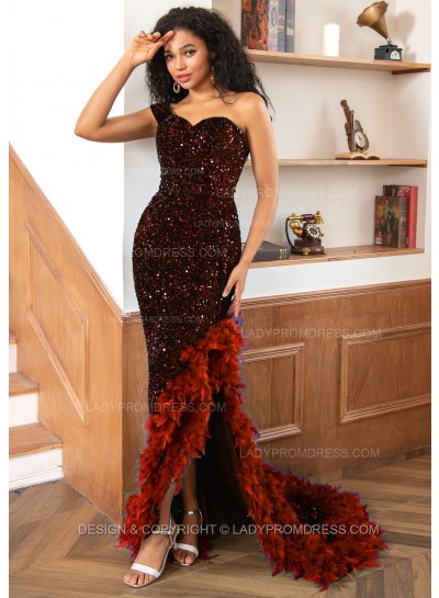 Orange One Shoulder Sweetheart Sequence High Low Prom Dresses With Feathers