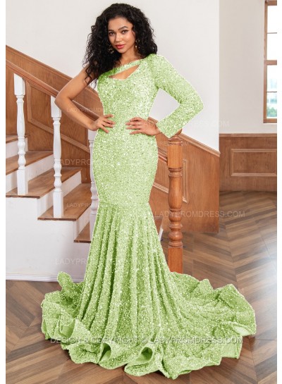Sage One Shoulder Sequence Mermaid Long Prom Dresses